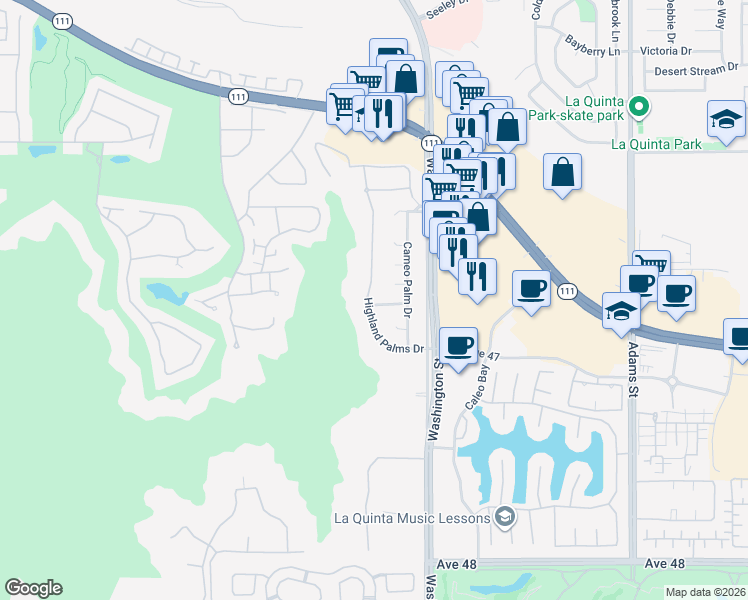 map of restaurants, bars, coffee shops, grocery stores, and more near 78310 Crest View Terrace in La Quinta