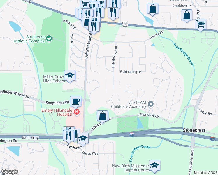 map of restaurants, bars, coffee shops, grocery stores, and more near 5980 Hillvale Trail in Lithonia