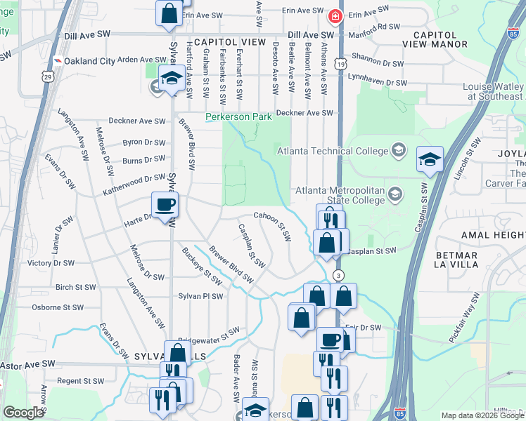 map of restaurants, bars, coffee shops, grocery stores, and more near 1734 Cahoon Street Southwest in Atlanta