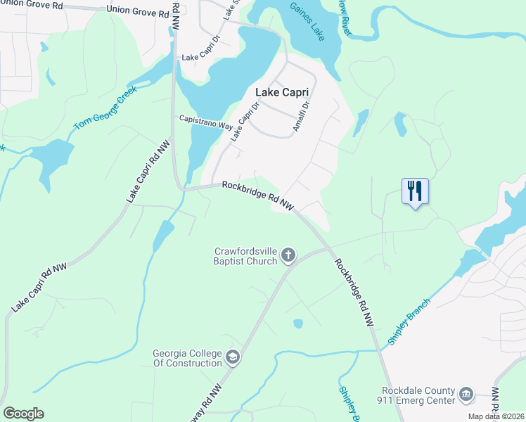 map of restaurants, bars, coffee shops, grocery stores, and more near 2452 Rockbridge Road Northwest in Conyers