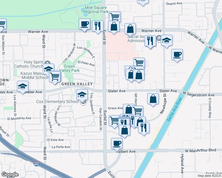 map of restaurants, bars, coffee shops, grocery stores, and more near 11055 Slater Avenue in Fountain Valley