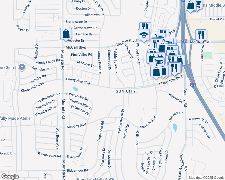 map of restaurants, bars, coffee shops, grocery stores, and more near 26399 Cherry Hills Boulevard in Menifee