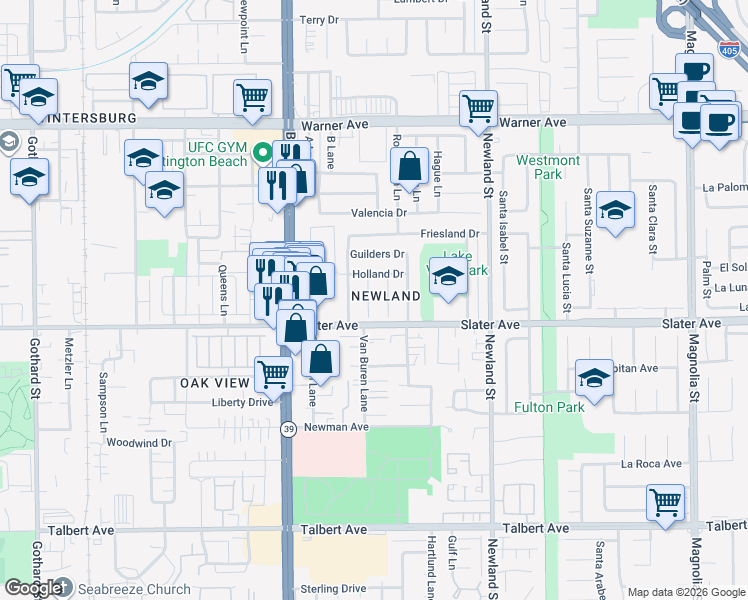 map of restaurants, bars, coffee shops, grocery stores, and more near 17422 Meer Circle in Huntington Beach