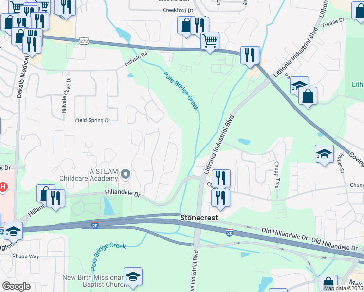 map of restaurants, bars, coffee shops, grocery stores, and more near 476 Hillandale Park Drive in Lithonia