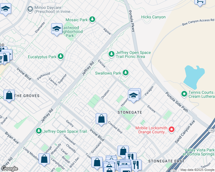 map of restaurants, bars, coffee shops, grocery stores, and more near 54 Birmingham in Irvine