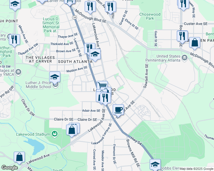 map of restaurants, bars, coffee shops, grocery stores, and more near 1644 Lakewood Avenue Southeast in Atlanta
