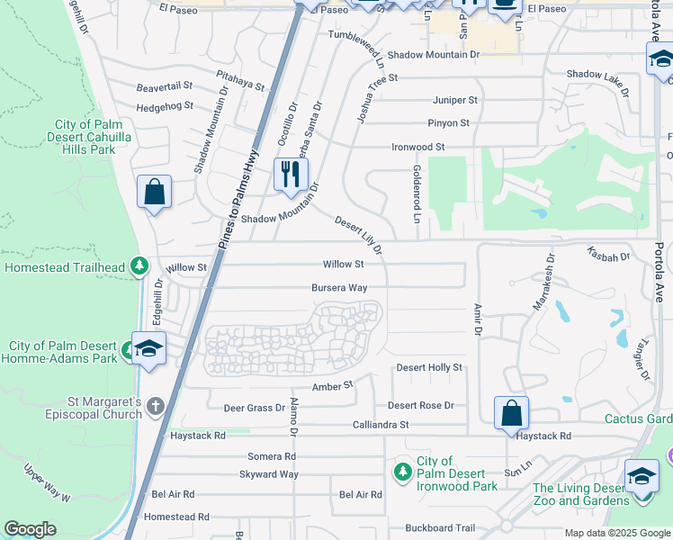map of restaurants, bars, coffee shops, grocery stores, and more near 73183 Willow Street in Palm Desert