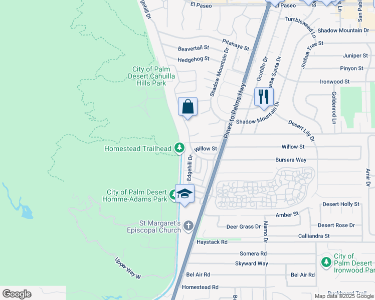 map of restaurants, bars, coffee shops, grocery stores, and more near 72615 Edgehill Drive in Palm Desert