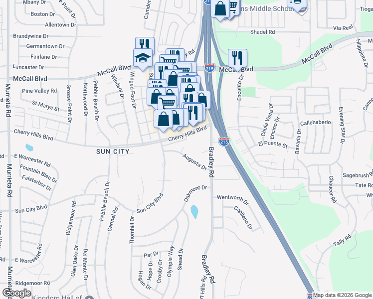 map of restaurants, bars, coffee shops, grocery stores, and more near 28320 Jones Court in Menifee