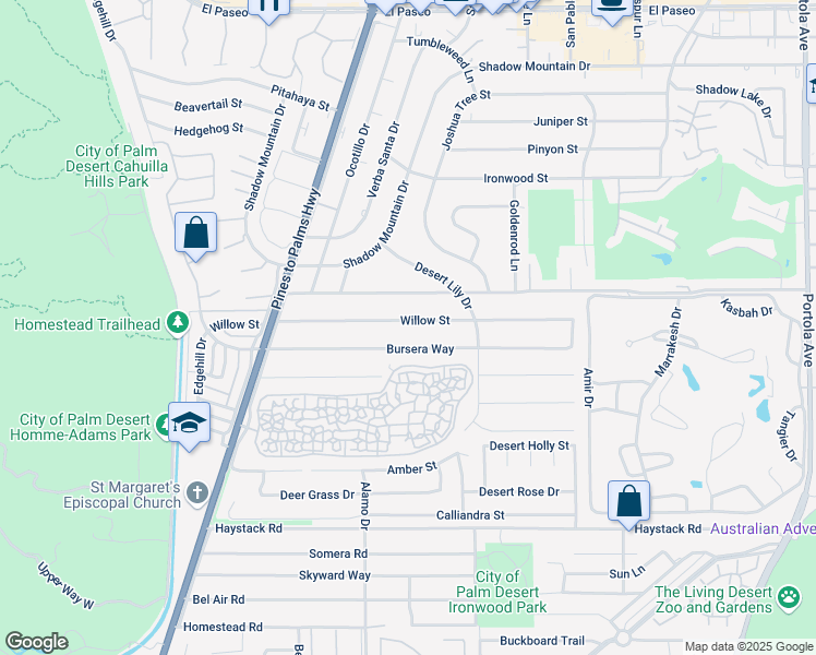 map of restaurants, bars, coffee shops, grocery stores, and more near 73141 Willow Street in Palm Desert