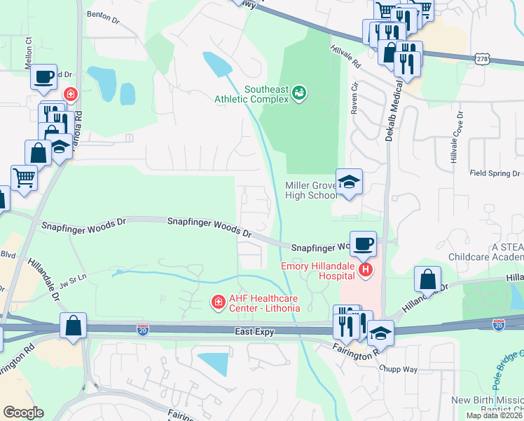 map of restaurants, bars, coffee shops, grocery stores, and more near 5795 Keystone Grove in Lithonia