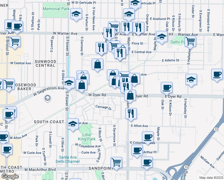 map of restaurants, bars, coffee shops, grocery stores, and more near 3065 South Sycamore Street in Santa Ana