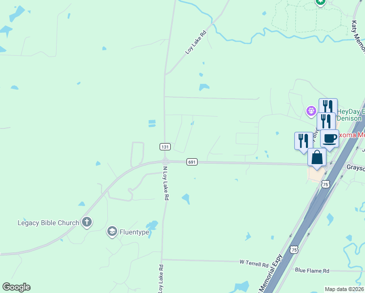 map of restaurants, bars, coffee shops, grocery stores, and more near 3943-4599 Grayson Drive in Denison