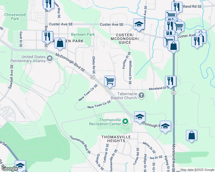 map of restaurants, bars, coffee shops, grocery stores, and more near 828 McDonough Boulevard Southeast in Atlanta