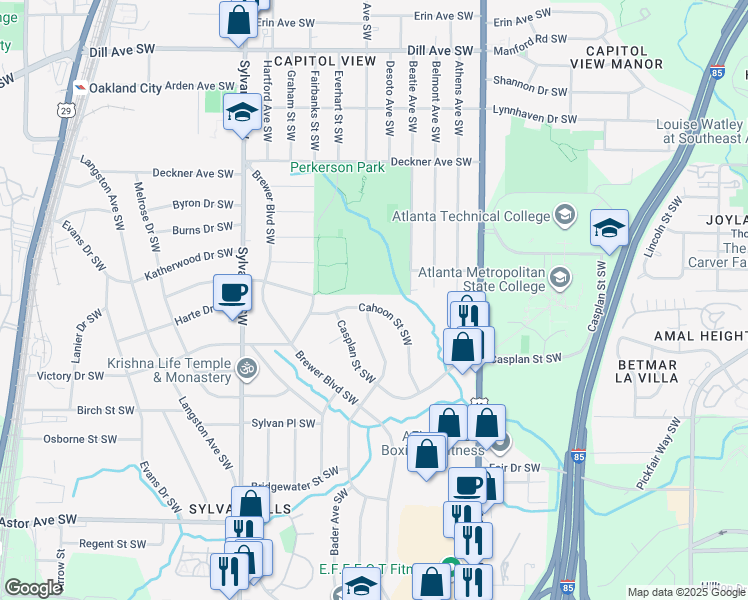map of restaurants, bars, coffee shops, grocery stores, and more near 1734 Cahoon Street Southwest in Atlanta
