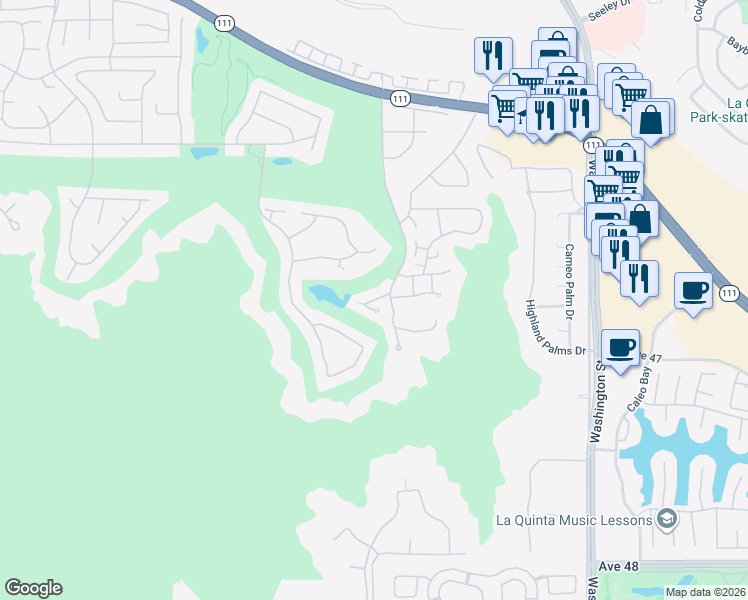 map of restaurants, bars, coffee shops, grocery stores, and more near Cove Point Drive in Indian Wells