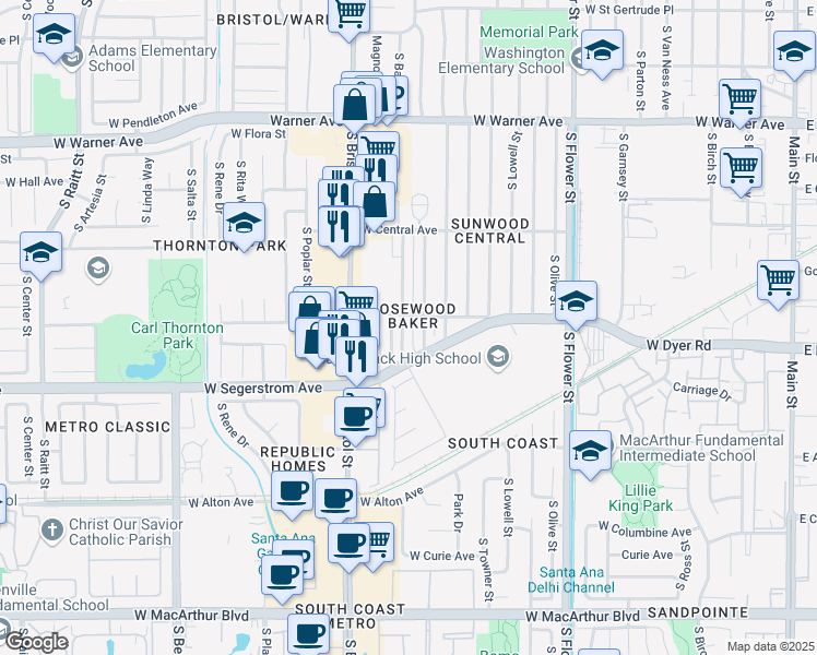 map of restaurants, bars, coffee shops, grocery stores, and more near 2709 South Baker Street in Santa Ana