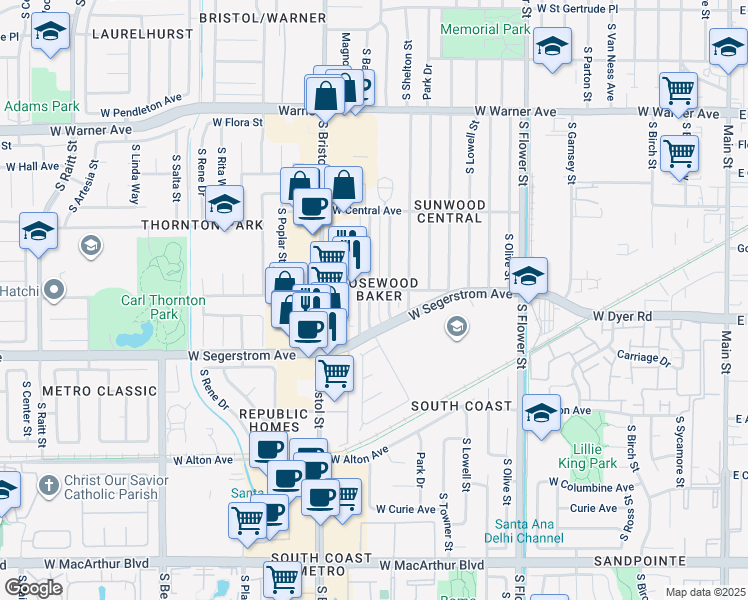 map of restaurants, bars, coffee shops, grocery stores, and more near 2709 South Baker Street in Santa Ana