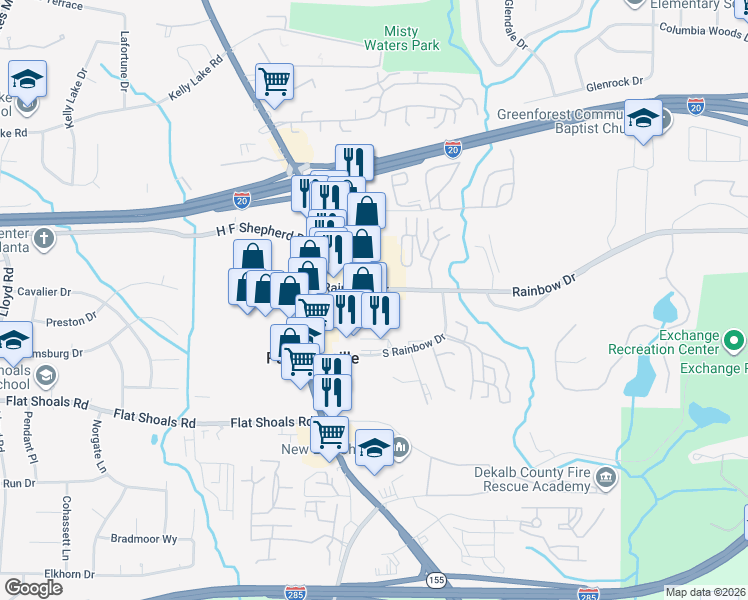 map of restaurants, bars, coffee shops, grocery stores, and more near 2971 Rainbow Drive in Decatur