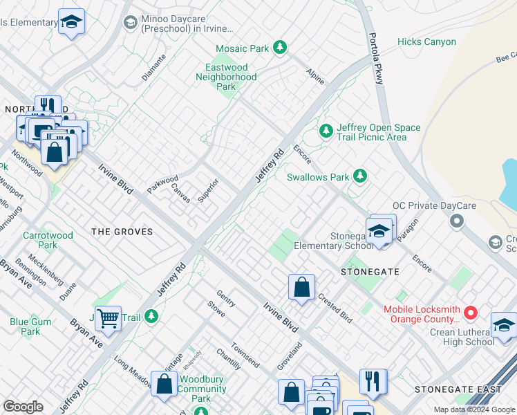 map of restaurants, bars, coffee shops, grocery stores, and more near 101 Devonshire in Irvine