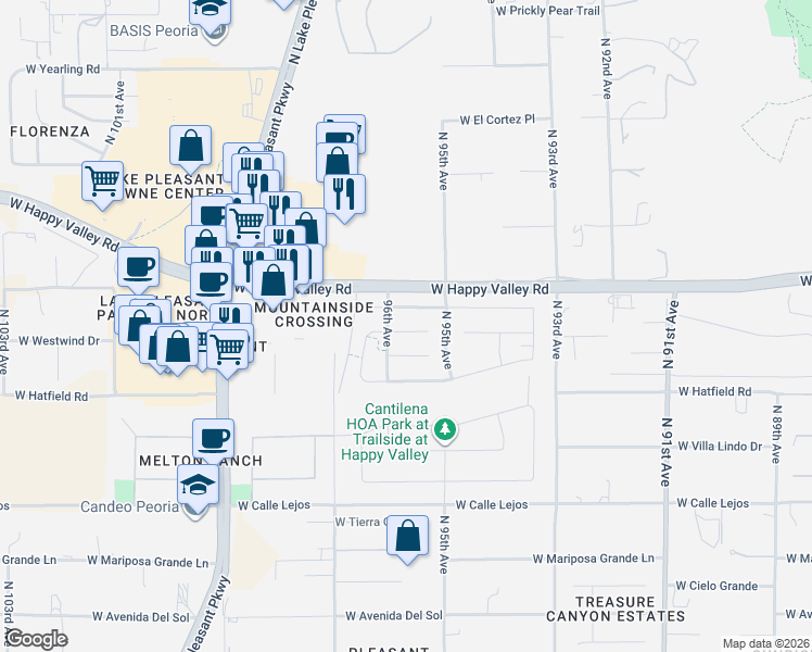 map of restaurants, bars, coffee shops, grocery stores, and more near 9618 West Weeping Willow Road in Peoria