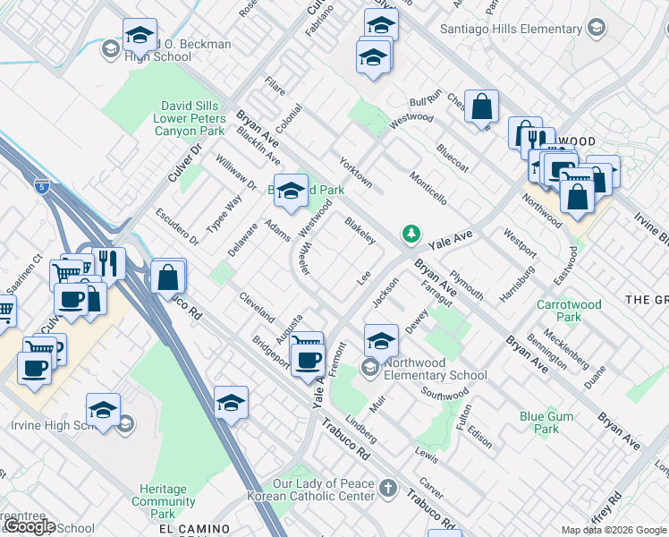 map of restaurants, bars, coffee shops, grocery stores, and more near 19 Davis in Irvine