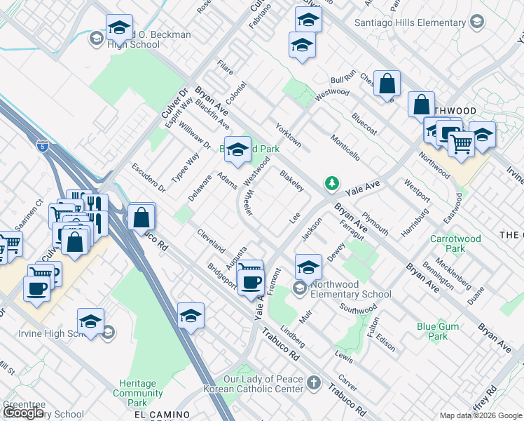 map of restaurants, bars, coffee shops, grocery stores, and more near 4 Oakley in Irvine