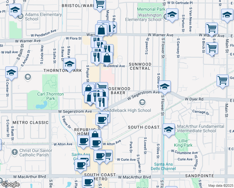 map of restaurants, bars, coffee shops, grocery stores, and more near 2710 South Baker Street in Santa Ana