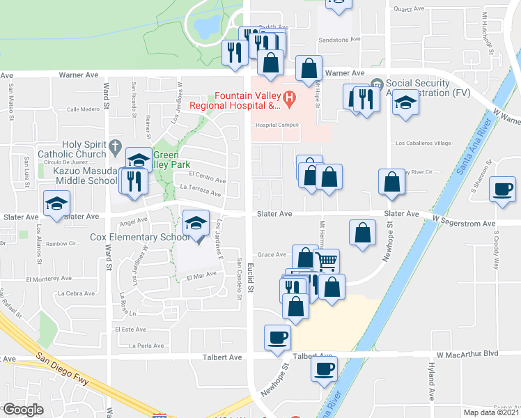 map of restaurants, bars, coffee shops, grocery stores, and more near 11067 Slater Avenue in Fountain Valley
