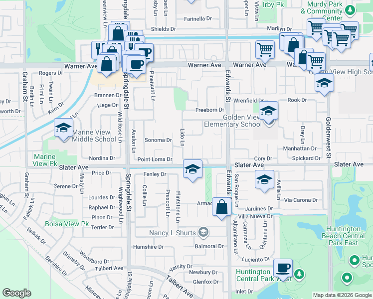 map of restaurants, bars, coffee shops, grocery stores, and more near 17381 Alta Vista Circle in Huntington Beach