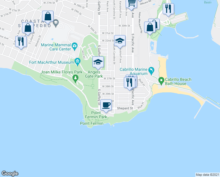 map of restaurants, bars, coffee shops, grocery stores, and more near 673 West 38th Street in Los Angeles