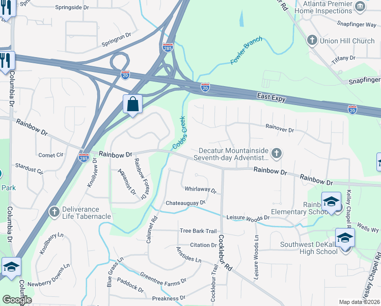 map of restaurants, bars, coffee shops, grocery stores, and more near 3797 Leprechaun Court in Decatur