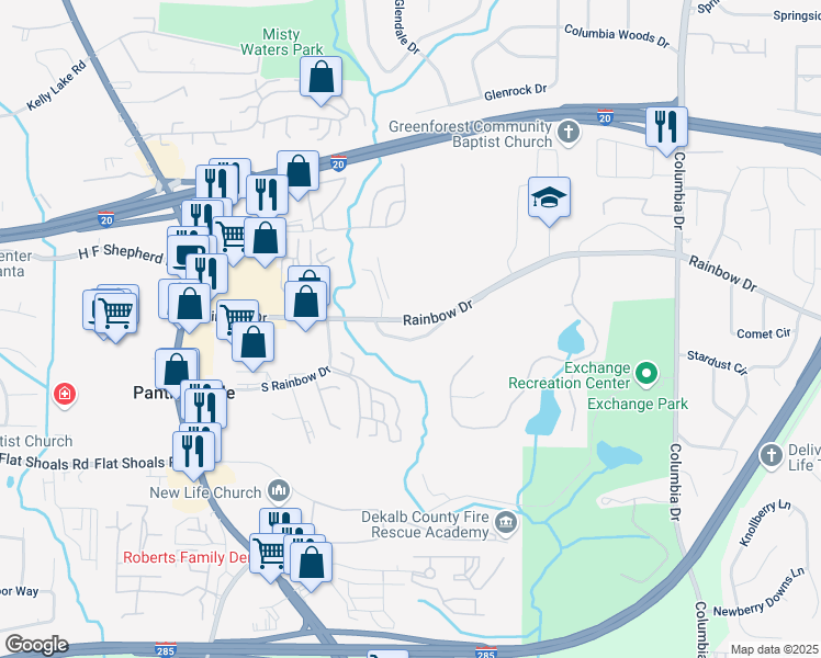 map of restaurants, bars, coffee shops, grocery stores, and more near 3095 Rainbow Drive in Decatur