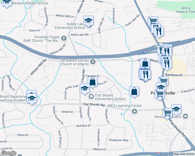 map of restaurants, bars, coffee shops, grocery stores, and more near 2631 Cavalier Drive in Decatur