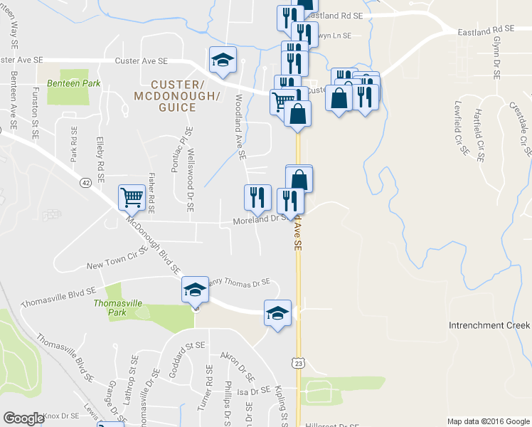 map of restaurants, bars, coffee shops, grocery stores, and more near 1164 Moreland Drive Southeast in Atlanta