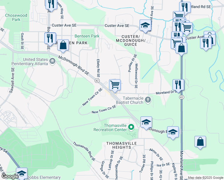 map of restaurants, bars, coffee shops, grocery stores, and more near 828 McDonough Boulevard Southeast in Atlanta