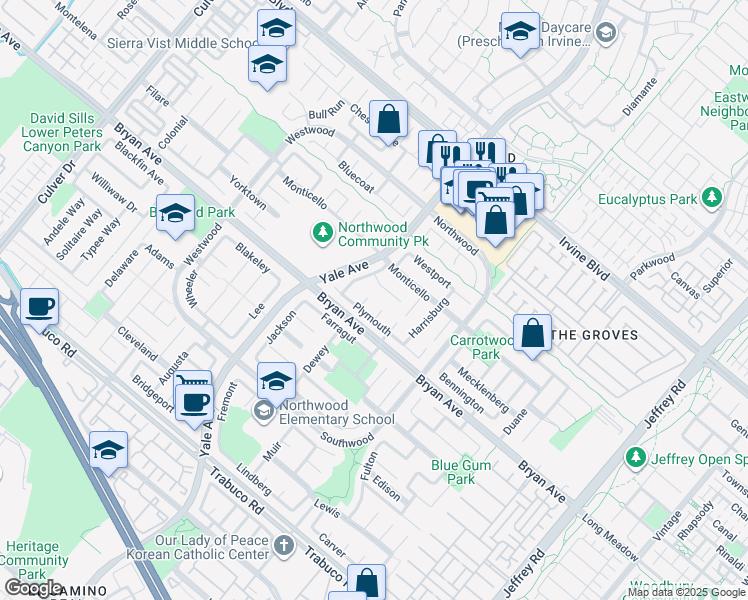 map of restaurants, bars, coffee shops, grocery stores, and more near 8 Williamsburg in Irvine