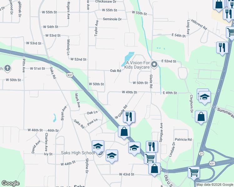 map of restaurants, bars, coffee shops, grocery stores, and more near 112 West 49th Street in Anniston