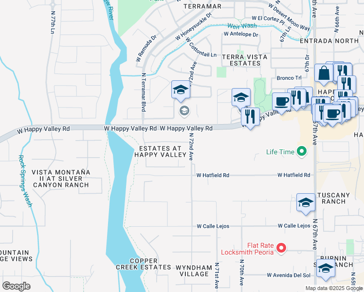 map of restaurants, bars, coffee shops, grocery stores, and more near 7227 West Fallen Leaf Lane in Peoria