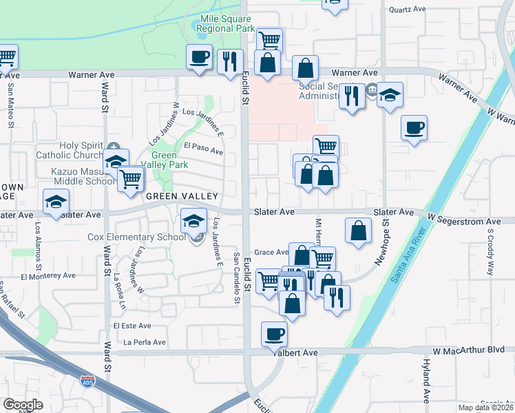 map of restaurants, bars, coffee shops, grocery stores, and more near 11067 Slater Avenue in Fountain Valley
