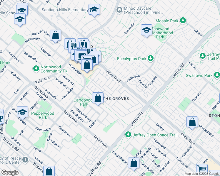 map of restaurants, bars, coffee shops, grocery stores, and more near 5200 Irvine Boulevard in Irvine