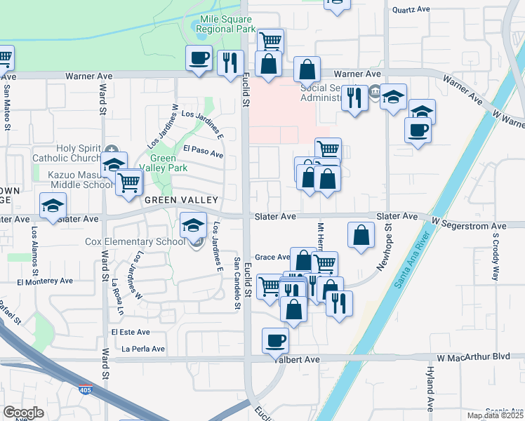 map of restaurants, bars, coffee shops, grocery stores, and more near 11055 Slater Avenue in Fountain Valley