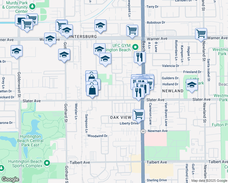 map of restaurants, bars, coffee shops, grocery stores, and more near 17411 Koledo Lane in Huntington Beach