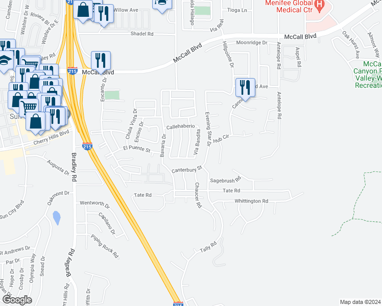 map of restaurants, bars, coffee shops, grocery stores, and more near 28338 Vía Cascadita in Menifee