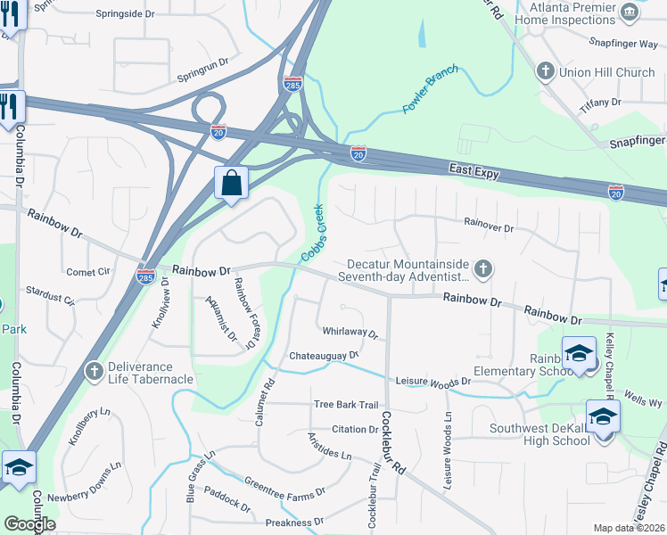 map of restaurants, bars, coffee shops, grocery stores, and more near 3797 Leprechaun Court in Decatur