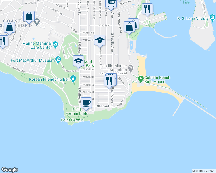 map of restaurants, bars, coffee shops, grocery stores, and more near 525 West 38th Street in Los Angeles