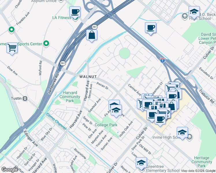 map of restaurants, bars, coffee shops, grocery stores, and more near 3521 Pecan Street in Irvine