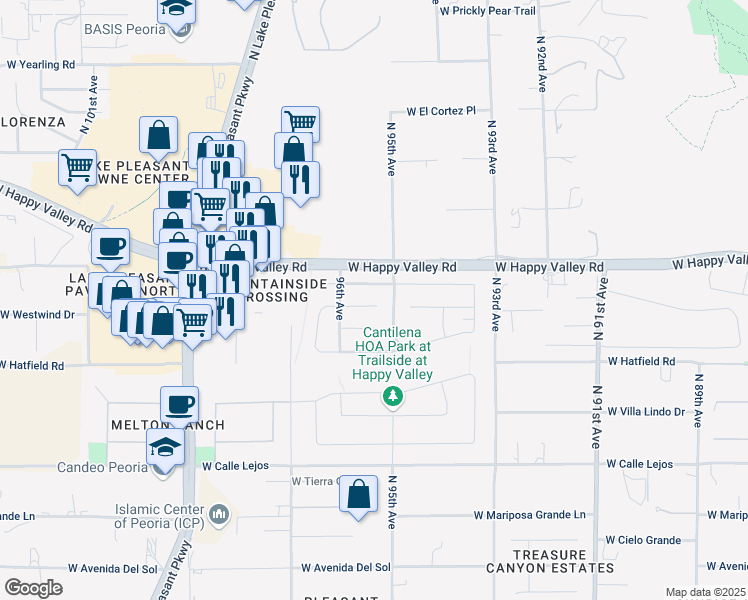 map of restaurants, bars, coffee shops, grocery stores, and more near 9528 West Weeping Willow Road in Peoria