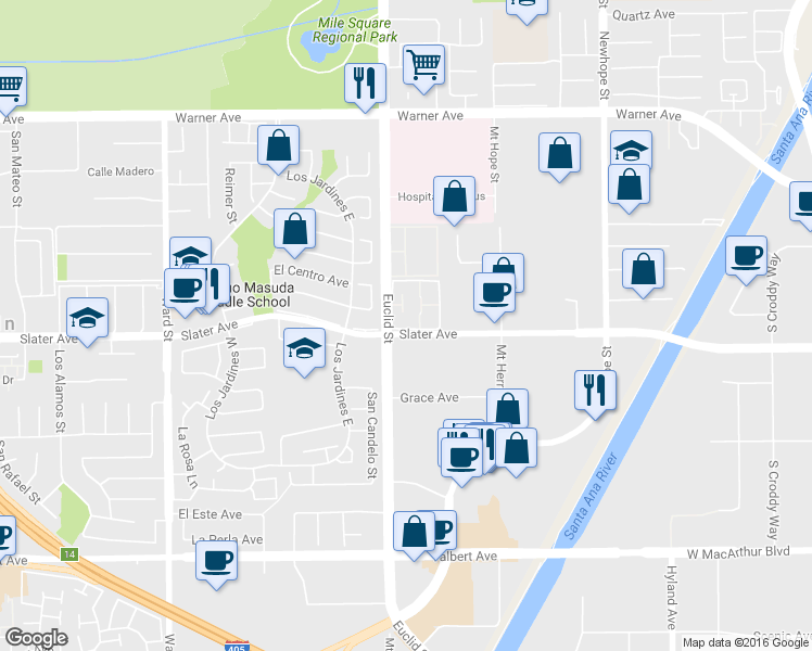 map of restaurants, bars, coffee shops, grocery stores, and more near 11045 Slater Avenue in Fountain Valley