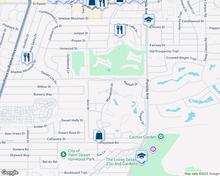 map of restaurants, bars, coffee shops, grocery stores, and more near 47120 El Menara Circle in Palm Desert